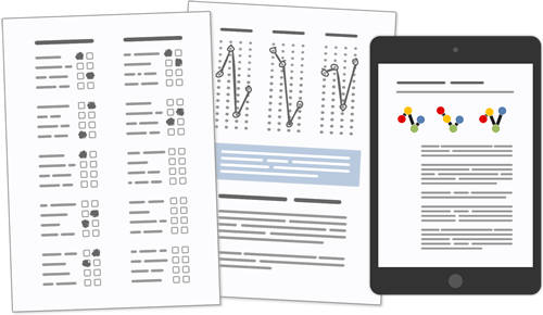 A paper-based self-score DISC assessment and a Discover Profiles report being viewed on a tablet device